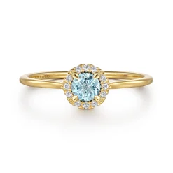 Hot Gabriel & Co. Promise Ring - 14K Yellow Gold Aquamarine and Diamond Halo Promise Ring