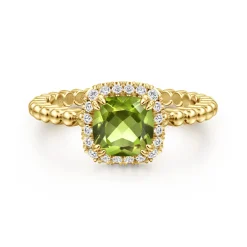 Online Gabriel & Co. Promise Ring - 14K Yellow Gold Cushion Cut Peridot and Diamond Halo Promise Ring