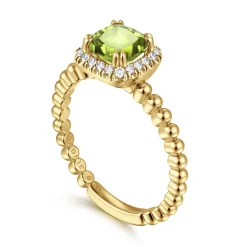 Online Gabriel & Co. Promise Ring - 14K Yellow Gold Cushion Cut Peridot and Diamond Halo Promise Ring
