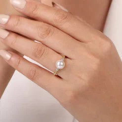 Best Gabriel & Co. Promise Ring - 14K Yellow Gold Diamond and Pearl Bujukan Promise Ring