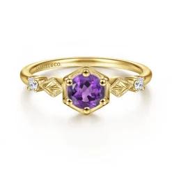 Hot Gabriel & Co. Promise Ring - 14K Yellow Gold Hexagonal Amethyst Diamond Promise Ring
