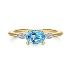 Clearance Gabriel & Co. Promise Ring - 14K Yellow Gold Oval Blue Topaz and Diamond Promise Ring