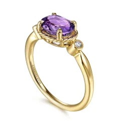 Hot Gabriel & Co. Promise Ring - 14K Yellow Gold Oval Amethyst and Diamond Three Stone Promise Ring