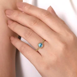 Gabriel & Co. Promise Ring - 14K Yellow Gold Round Blue Topaz Bujukan Beaded Promise Ring