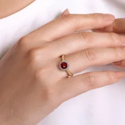 New Gabriel & Co. Promise Ring - 14K Yellow Gold Round Garnet with Diamond Halo Bujukan Promise Ring
