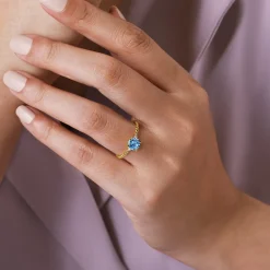 Clearance Gabriel & Co. Promise Ring - 14K Yellow Gold Round Swiss Blue Topaz and Diamond Bujukan Promise Ring