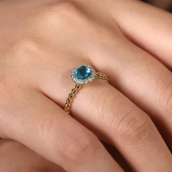 Discount Gabriel & Co. Promise Ring - 14K Yellow Gold Round Blue Topaz and Diamond Halo Bezel Set Bujukan Promise Ring