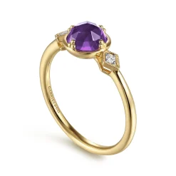 New Gabriel & Co. Promise Ring - 14K Yellow Gold Three Stone Amethyst and Diamond Promise Ring