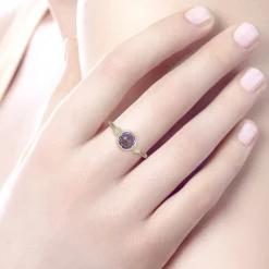 New Gabriel & Co. Promise Ring - 14K Yellow Gold Three Stone Amethyst and Diamond Promise Ring