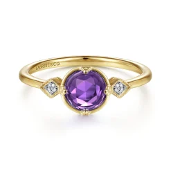 New Gabriel & Co. Promise Ring - 14K Yellow Gold Three Stone Amethyst and Diamond Promise Ring