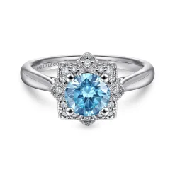 Online Gabriel & Co. Promise Ring - Vintage Inspired 14K White Gold Round Blue Topaz and Floral Diamond Halo Promise Ring