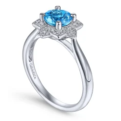 Online Gabriel & Co. Promise Ring - Vintage Inspired 14K White Gold Round Blue Topaz and Floral Diamond Halo Promise Ring