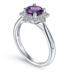 Clearance Gabriel & Co. Promise Ring - Vintage Inspired 14K White Gold Round Amethyst and Diamond Flower Promise Ring