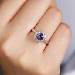 Clearance Gabriel & Co. Promise Ring - Vintage Inspired 14K White Gold Round Amethyst and Diamond Flower Promise Ring