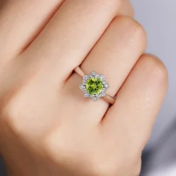 Best Gabriel & Co. Promise Ring - Vintage Inspired 14K White Gold Round Peridot and Floral Diamond Halo Promise Ring