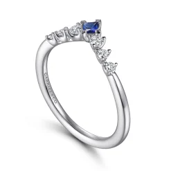 Clearance Gabriel & Co. Raine - Curved 14K White Gold Corner Prong Princess Cut Sapphire and Prong Set Round Diamond Anniversary Band - 0.19 ct