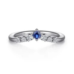 Clearance Gabriel & Co. Raine - Curved 14K White Gold Corner Prong Princess Cut Sapphire and Prong Set Round Diamond Anniversary Band - 0.19 ct