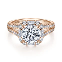 New Gabriel & Co. Rainier - 14K Rose Gold Cushion Halo Round Diamond Engagement Ring