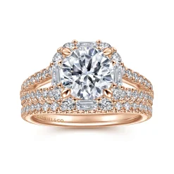 New Gabriel & Co. Rainier - 14K Rose Gold Cushion Halo Round Diamond Engagement Ring