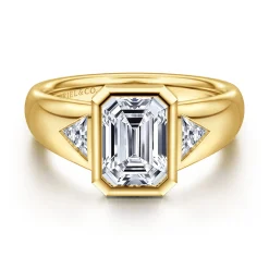 Sale Gabriel & Co. Reaux - 14K Yellow Gold Emerald Cut Three Stone Bezel Set Diamond Engagement Ring