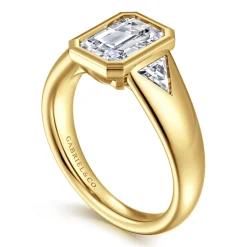Sale Gabriel & Co. Reaux - 14K Yellow Gold Emerald Cut Three Stone Bezel Set Diamond Engagement Ring