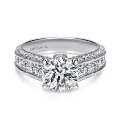 Gabriel & Co. Rebecca - Vintage Inspired 14K White Gold Round Wide Band Diamond Channel Set Engagement Ring