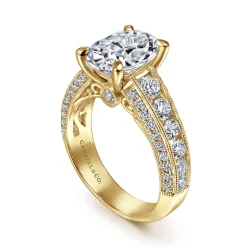 Gabriel & Co. Rebecca - Vintage Inspired 14K Yellow Gold Wide Band Oval Diamond Channel Set Engagement Ring