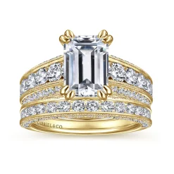 Outlet Gabriel & Co. Rebecca - Vintage Inspired 14K Yellow Gold Wide Band Emerald Cut Diamond Channel Set Engagement Ring
