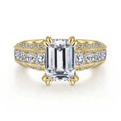 Outlet Gabriel & Co. Rebecca - Vintage Inspired 14K Yellow Gold Wide Band Emerald Cut Diamond Channel Set Engagement Ring