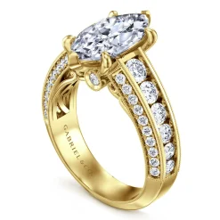 New Gabriel & Co. Rebecca - Vintage Inspired 14K Yellow Gold Wide Band Marquise Shape Diamond Channel Set Engagement Ring