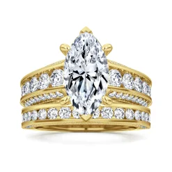New Gabriel & Co. Rebecca - Vintage Inspired 14K Yellow Gold Wide Band Marquise Shape Diamond Channel Set Engagement Ring
