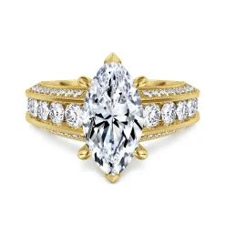 New Gabriel & Co. Rebecca - Vintage Inspired 14K Yellow Gold Wide Band Marquise Shape Diamond Channel Set Engagement Ring