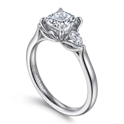 Sale Gabriel & Co. Reema - 14K White Gold Cushion Cut Three Stone Lotus Diamond Engagement Ring