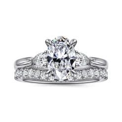 Clearance Gabriel & Co. Reema - 14K White Gold Oval Three Stone Lotus Diamond Engagement Ring