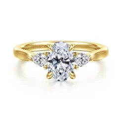 Discount Gabriel & Co. Reema - 14K Yellow Gold Oval Three Stone Lotus Diamond Engagement Ring