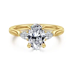 Sale Gabriel & Co. Reema - 14K Yellow Gold Oval Three Stone Lotus Diamond Engagement Ring