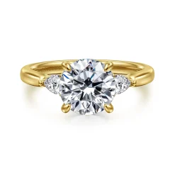 Best Gabriel & Co. Reema - 14K Yellow Gold Round Three Stone Lotus Diamond Engagement Ring