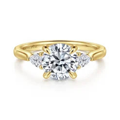 Clearance Gabriel & Co. Reema - 14K Yellow Gold Round Three Stone Lotus Diamond Engagement Ring