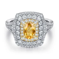 Discount Gabriel & Co. Ryan - 14K White-Yellow Gold Oval Yellow Sapphire and Diamond Triple Halo Engagement Ring