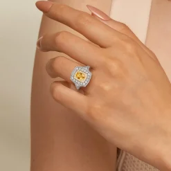 Discount Gabriel & Co. Ryan - 14K White-Yellow Gold Oval Yellow Sapphire and Diamond Triple Halo Engagement Ring