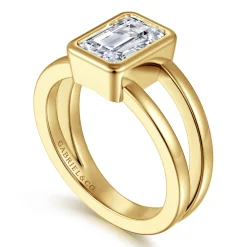 Discount Gabriel & Co. Sami - 14K Yellow Gold Emerald Cut Split Shank Bezel Solitaire Diamond Engagement Ring