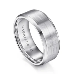 Clearance Gabriel & Co. Sebastian - 14K White Gold 8mm - Satin Finish Men's Wedding Band with Beveled Edge