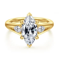 New Gabriel & Co. Serenelle - 14K Yellow Gold Marquise Shape Three Stone Diamond Engagement Ring