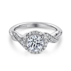 New Gabriel & Co. Shae - Vintage Inspired 14K White Gold Round Halo Diamond Engagement Ring
