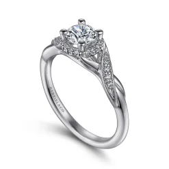 Best Gabriel & Co. Shae - Vintage Inspired 14K White Gold Round Halo Diamond Engagement Ring