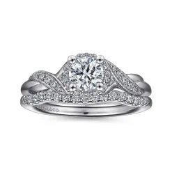 Best Gabriel & Co. Shae - Vintage Inspired 14K White Gold Round Halo Diamond Engagement Ring