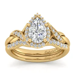 Clearance Gabriel & Co. Shae - Vintage Inspired 14K Yellow Gold Pear Shape Halo Diamond Engagement Ring