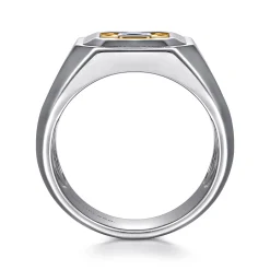 Clearance Gabriel & Co. Signet Wide Band Diamond Cut Center 925 Sterling Silver and 14K Yellow Gold Sapphire