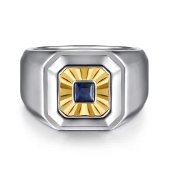 Clearance Gabriel & Co. Signet Wide Band Diamond Cut Center 925 Sterling Silver and 14K Yellow Gold Sapphire