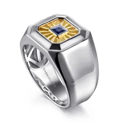 Clearance Gabriel & Co. Signet Wide Band Diamond Cut Center 925 Sterling Silver and 14K Yellow Gold Sapphire